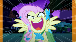 Size: 2048x1145 | Tagged: safe, edit, edited screencap, screencap, fluttershy, pegasus, pony, g4, the best night ever, >:d, cursed image, female, inverted mouth, mare, nightmare fuel, open mouth, open smile, smiling, solo, speed lines, yelling, you're going to love me