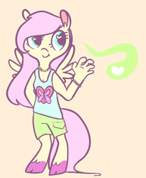 Size: 602x734 | Tagged: safe, artist:blynxee, fluttershy, anthro, unguligrade anthro, g4, bracelet, clothes, cloven hooves, colored hooves, female, floating heart, heart, heart eyes, jewelry, necklace, shorts, simple background, solo, tank top, wingding eyes