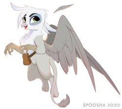 Size: 1878x1674 | Tagged: safe, artist:spoosha, oc, oc only, oc:blake, griffon, bag, flying, open mouth, simple background, smiling, solo, spread wings, white background, wings