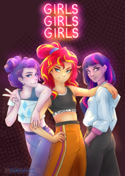 Size: 2480x3507 | Tagged: safe, artist:tokokami, rarity, sunset shimmer, twilight sparkle, human, equestria girls, g4, clothes, hand on hip, high res, hoodie, humanized, neon, pants, sports, sports bra, sporty style, sweatpants, trio, wallpaper