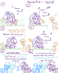 Size: 4779x6013 | Tagged: safe, artist:adorkabletwilightandfriends, starlight glimmer, oc, oc:cindy, oc:ellen, oc:gray, earth pony, pony, unicorn, comic:adorkable twilight and friends, g4, adorkable, adorkable friends, blushing, butt, checkstand, cleaning, clothes, comic, compliment, cute, dork, eyes on the prize, glowing horn, grocery store, happy, horn, humming, jeans, levitation, magic, magic aura, male, music, name tag, pants, plot, polo shirt, possible flirt?, relationship, slice of life, smiling, stallion, store, stubble, subtle, teasing, telekinesis, towel, unknown pony, work