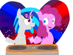 Size: 800x600 | Tagged: safe, artist:blynxee, dj pon-3, pinkie pie, vinyl scratch, earth pony, pony, unicorn, g4, dj table, drink, female, glowing horn, horn, lesbian, mare, shipping, simple background, transparent background, turntable, vinylpie