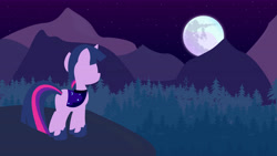 Size: 8000x4500 | Tagged: safe, artist:elfiqa, twilight sparkle, pony, unicorn, g4, absurd resolution, female, full moon, hooves, horn, lineless, mare, mare in the moon, minimalist, modern art, moon, night, night sky, no eyes, sky, solo, stars, wallpaper