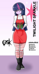 Size: 984x1860 | Tagged: safe, artist:oldskullkid, part of a set, twilight sparkle, equestria girls, g4, boots, christmas, clothes, gift wrapped, glasses, holiday, i can't believe it's not sci-twi, shoes, socks, solo, striped socks, sweater, turtleneck, twilight sparkle (alicorn), twilight's professional glasses