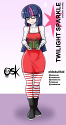 Size: 984x1860 | Tagged: safe, alternate version, artist:oldskullkid, part of a set, twilight sparkle, human, g4, christmas, clothes, glasses, holiday, humanized, i can't believe it's not sci-twi, present, socks, solo, striped socks, twilight sparkle (alicorn), twilight's professional glasses