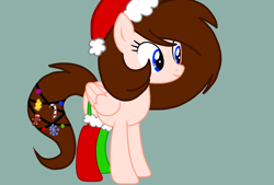 Size: 1850x1250 | Tagged: safe, artist:circuspaparazzi5678, oc, oc only, oc:breanna, pegasus, pony, base used, candy, candy cane, christmas, clothes, female, food, gingerbread (food), gingerbread man, hat, holiday, jingle bells, mare, santa hat, simple background, smiling, socks, solo, teal background