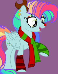 Size: 1260x1602 | Tagged: safe, artist:circuspaparazzi5678, oc, oc only, oc:rainbow blitz, pegasus, pony, antlers, base used, christmas, clothes, deer antlers, ear piercing, earring, holiday, jewelry, magical lesbian spawn, multicolored hair, offspring, parent:fluttershy, parent:rainbow dash, parents:flutterdash, piercing, purple background, rainbow hair, rainbow makeup, red nose, reindeer antlers, scarf, simple background, socks, solo