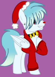 Size: 860x1200 | Tagged: safe, artist:circuspaparazzi5678, oc, oc only, oc:suga water, pegasus, pony, base used, christmas, clothes, collar, ear piercing, earring, hat, holiday, jacket, jewelry, jingle bells, piercing, purple background, red nose, santa hat, simple background, smiling, solo