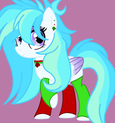 Size: 2092x2248 | Tagged: safe, artist:circuspaparazzi5678, oc, oc only, oc:crystal moonshine, pegasus, pony, base used, christmas, christmas tree, clothes, collar, ear piercing, earring, eyeshadow, high res, holiday, holly, jewelry, magical lesbian spawn, makeup, offspring, parent:rainbow dash, parent:twilight sparkle, parents:twidash, piercing, purple background, simple background, smiling, socks, solo, tree