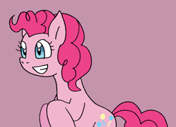 Size: 982x711 | Tagged: safe, artist:cmara, pinkie pie, earth pony, pony, g4, bipedal, female, grin, mare, pink background, raised hoof, simple background, smiling, solo
