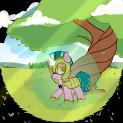 Size: 1200x1200 | Tagged: safe, artist:neuro, oc, oc only, oc:lily glamerspear, pony, unicorn, fanfic:everyday life with guardsmares, 4chan, armor, cloud, everyday life with guardsmares, female, glowing horn, grass, grass field, guardsmare, horn, magic, mare, outdoors, royal guard, tree, unicorn oc