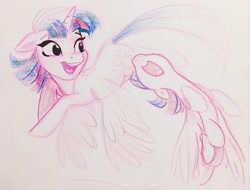 Size: 2048x1554 | Tagged: safe, artist:imalou, twilight sparkle, alicorn, pony, g4, colored pencil drawing, female, flying, mare, open mouth, simple background, smiling, solo, traditional art, twilight sparkle (alicorn)