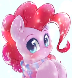 Size: 1647x1768 | Tagged: safe, artist:kurogewapony, pinkie pie, earth pony, pony, g4, blushing, bust, clothes, cute, diapinkes, female, looking at you, mare, portrait, scarf, snow, snowfall, solo, winter