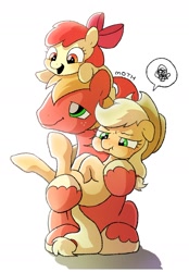 Size: 982x1407 | Tagged: safe, artist:mochi_nation, apple bloom, applejack, big macintosh, earth pony, pony, g4, apple siblings, apple sisters, brother and sister, cute, female, filly, floppy ears, holding a pony, male, mare, pictogram, pony pile, puffy cheeks, siblings, simple background, sisters, speech bubble, stallion, tower of pony, white background