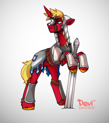 Size: 1000x1130 | Tagged: safe, artist:devi_shade, oc, oc only, oc:steel prism, pony, unicorn, ponyfinder, armor, dungeons and dragons, full plate armor, looking away, metal armor, pen and paper rpg, rpg, solo, sword, watermark, weapon