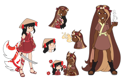 Size: 3000x1895 | Tagged: safe, artist:icicle-niceicle-1517, artist:kb-gamerartist, color edit, edit, oc, oc only, oc:flaming broth, oc:little kit, human, kitsune, angry, annoyed, asian conical hat, bag, bandage, belt, boots, bowl, clothes, collaboration, colored, dark skin, dress, eyes closed, feet, female, fire, food, grin, gritted teeth, hat, headband, horn, horned humanization, hug, humanized, humanized oc, katana, kimono (clothing), lesbian, markings, mushroom, nail polish, oc x oc, one eye closed, open mouth, sandals, shipping, shoes, simple background, smiling, soup, sword, tailed humanization, toenail polish, transparent background, weapon