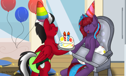 Size: 1280x771 | Tagged: safe, artist:small-brooke1998, oc, oc:charming dazz, pegasus, pony, unicorn, adult foal, balloon, birthday, candle, chair, crossover, diaper, diaper fetish, duo, eyes closed, female, fetish, hat, highchair, mare, non-baby in diaper, open mouth, party hat, shatter (transformers), smiling, transformers