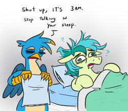 Size: 532x460 | Tagged: safe, artist:jargon scott, gallus, sandbar, earth pony, griffon, pony, g4, bags under eyes, bed, confused, derp, drool, duo, eyes closed, male, messy mane, no nut november, pillow, question mark, stallion, talking, waking up