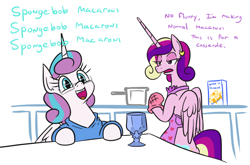 Size: 804x532 | Tagged: safe, artist:jargon scott, princess cadance, princess flurry heart, alicorn, pony, unicorn, g4, :d, apron, bipedal, cadance is not amused, chalice, clothes, cooking, cute, daughters gonna daughter, dialogue, female, flurrybetes, food, glasses, housewife, kitchen, macaroni, mare, mother and child, mother and daughter, naked apron, nerd, nerdy heart, older, older flurry heart, oven mitts, pasta, smiling, unamused