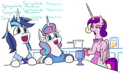 Size: 897x536 | Tagged: safe, alternate version, artist:jargon scott, princess cadance, princess flurry heart, shining armor, alicorn, pony, unicorn, :d, apron, bipedal, cadance is not amused, chalice, clothes, cooking, cute, daughters gonna daughter, father and child, father and daughter, fathers gonna father, female, flurrybetes, food, glasses, housewife, husband and wife, kitchen, like father like daughter, like parent like child, macaroni, male, mare, mother and child, mother and daughter, naked apron, necktie, nerd, nerdy heart, older, older flurry heart, oven mitts, pasta, shining adorable, smiling, stallion, sweater, unamused
