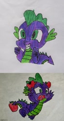 Size: 500x944 | Tagged: safe, artist:spikeabuser, spike, dragon, g4, horse play, it ain't easy being breezies, drawing, food, go to sleep garble, shitposting, solo, tomato, tomatoes