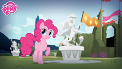 Size: 1920x1080 | Tagged: safe, pinkie pie, earth pony, pony, g4, official, restore the elements of magic, canterlot, cute, diapinkes, garden, hasbro, looking back, my little pony logo, raised hoof, smiling, statue, vector, wallpaper