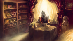 Size: 2584x1457 | Tagged: safe, artist:stdeadra, oc, oc:silver bullet, pegasus, pony, apple, book, bookshelf, curtains, dust, food, jojo's bizarre adventure, lamp, lightning, photo, picture, reading, shade, solo, speedpaint, table