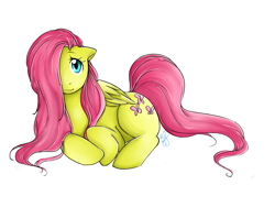 Size: 1600x1200 | Tagged: safe, artist:collaredginger, fluttershy, pegasus, pony, g4, cute, female, floppy ears, hair over one eye, lying down, mare, prone, shyabetes, simple background, solo, white background
