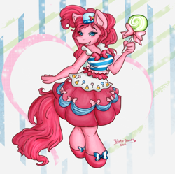 Size: 844x841 | Tagged: safe, artist:watergleam, pinkie pie, earth pony, anthro, g4, candy, clothes, dignified wear, dress, female, food, gala dress, lollipop, solo