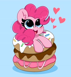 Size: 3781x4096 | Tagged: safe, artist:kittyrosie, pinkie pie, earth pony, pony, g4, blue background, cute, diapinkes, digital art, donut, female, food, heart, mare, simple background, smiling, solo