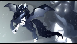 Size: 3085x1784 | Tagged: safe, artist:rrusha, oc, oc only, oc:alcyone, bicorn, hybrid, original species, pony, bat wings, black sclera, constellation, female, glowing eyes, horn, letterboxing, looking at you, mare, multiple horns, prosthetics, robotic arm, slit pupils, solo, wings, zoom layer