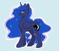 Size: 1228x1080 | Tagged: safe, artist:rrusha, princess luna, alicorn, pony, g4, blue background, butt fluff, chest fluff, ear fluff, eyes closed, female, fluffy, mare, missing accessory, simple background, solo