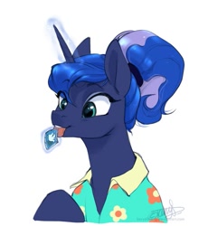 Size: 613x666 | Tagged: safe, artist:rrusha, princess luna, alicorn, pony, between dark and dawn, clothes, cute, female, hair bun, hawaiian shirt, licking, lunabetes, magic, mare, scene interpretation, shirt, simple background, solo, stamp, telekinesis, that pony sure does love the post office, tongue out, white background