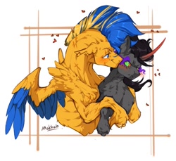 Size: 861x790 | Tagged: dead source, safe, artist:makkah, flash sentry, king sombra, pegasus, pony, unicorn, g4, blushing, colored wings, colored wingtips, cuddling, flash hunktry, flashbra, floating heart, gay, heart, larger male, male, scar, shipping, simple background, size difference, smaller male, stallion, white background