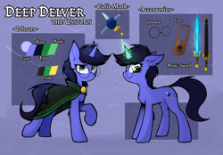 Size: 4216x2942 | Tagged: safe, artist:tatykin, oc, oc only, oc:deep delver, pony, unicorn, cape, clothes, female, glasses, lyre, mare, musical instrument, reference sheet, sword, weapon