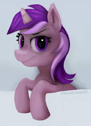 Size: 720x1001 | Tagged: safe, artist:catachromatic, derpibooru exclusive, amethyst star, sparkler, pony, unicorn, g4, digital painting, dreamworks face, ear fluff, female, firealpaca, looking at you, mare, pocket, pocket pony, smiling, solo