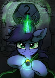 Size: 2500x3514 | Tagged: safe, artist:tatykin, oc, oc only, oc:deep delver, pony, unicorn, cape, clothes, dice, female, glasses, high res, magic, mare, rpg, ruins