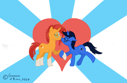 Size: 3171x2082 | Tagged: safe, artist:grymnoire, sunburst, oc, oc:deep delver, pony, unicorn, g4, canon x oc, female, hearts and hooves day, high res, holding hooves, kissing, male, mare, shipping, stallion, straight