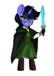 Size: 900x1247 | Tagged: safe, artist:cottonsweets, oc, oc only, oc:deep delver, unicorn, anthro, unguligrade anthro, chibi, cloak, clothes, dress, female, glasses, grin, mare, simple background, smiling, solo, sword, weapon, white background