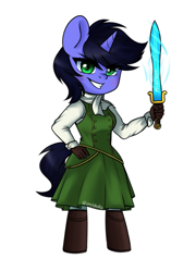 Size: 900x1247 | Tagged: safe, alternate version, artist:cottonsweets, oc, oc only, oc:deep delver, unicorn, anthro, unguligrade anthro, chibi, clothes, dress, female, grin, mare, simple background, smiling, solo, sword, weapon, white background