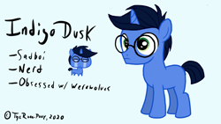 Size: 1920x1080 | Tagged: safe, artist:grymnoire, oc, oc only, oc:deep delver, oc:indigo dusk, pony, unicorn, colt, crying, foal, glasses, male, reference sheet, simple background