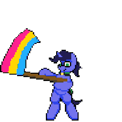 Size: 384x384 | Tagged: safe, artist:bitassembly, oc, oc only, oc:deep delver, pony, unicorn, animated, bitassembly's flag ponies, cape, clothes, female, gif, glasses, holding a flag, mare, pansexual pride flag, pixel art, pride, pride flag, simple background, transparent background