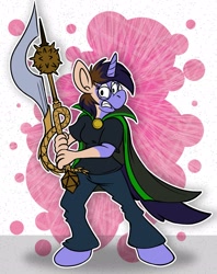 Size: 1625x2048 | Tagged: safe, artist:sketchymouse, oc, oc only, oc:deep delver, human, unicorn, cape, clothes, curse, dungeons and dragons, female, hooves, horn, human to pony, male, male to female, mare, muzzle, pen and paper rpg, rpg, rule 63, sword, tail, transformation, transgender transformation, weapon