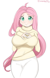 Size: 618x951 | Tagged: safe, artist:vanabette, fluttershy, human, g4, big breasts, blushing, breasts, busty fluttershy, clothes, cute, humanized, long skirt, looking at you, questionable source, shyabetes, simple background, skirt, smiling, solo, sweater, sweater puppies, turtleneck, white background