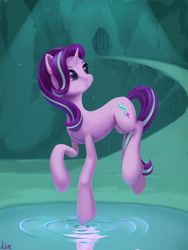 Size: 1181x1574 | Tagged: safe, artist:lin feng, starlight glimmer, pony, unicorn, g4, concave belly, light, mirror pool, solo