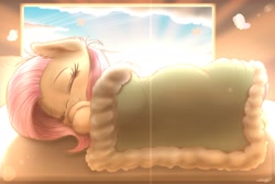 Size: 2048x1373 | Tagged: safe, artist:phoenixrk49, fluttershy, butterfly, pegasus, pony, g4, bed, blanket, covers, cute, ear fluff, eyelashes, eyes closed, female, mare, shyabetes, sleeping, solo, weapons-grade cute, window