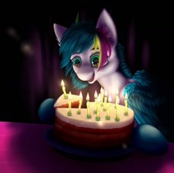 Size: 1280x1275 | Tagged: safe, artist:foxnose, oc, oc only, oc:darkstar, pegasus, pony, birthday candles, cake, candle, commission, food, happy birthday, solo