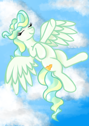 Size: 2480x3508 | Tagged: safe, artist:eels, vapor trail, pegasus, pony, g4, cute, eyes closed, female, flying, high res, mare, sky, solo, vaporbetes