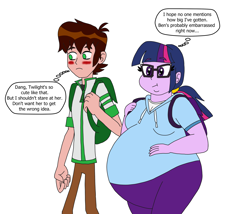 Size: 2800x2400 | Tagged: safe, artist:khxhero, sci-twi, twilight sparkle, equestria girls, g4, ben 10, ben 10 omniverse, ben tennyson, bentwi, blushing, crossover, duo, fat, female, glasses, high res, male, obese, sci-twilard, simple background, thought bubble, twilard sparkle, white background