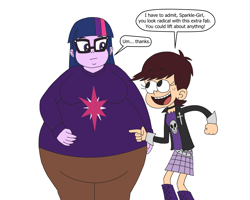 Size: 3000x2400 | Tagged: safe, artist:khxhero, sci-twi, twilight sparkle, equestria girls, g4, blushing, clothes, crossover, duo, duo female, fat, female, high res, luna loud, morbidly obese, obese, sci-twilard, simple background, speech bubble, sweater, the loud house, thought bubble, twilard sparkle, white background